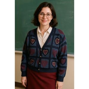 Cardigan Sweater Womens Size‎ Large Multi Heart Hand Embroidered Vintage Teacher
